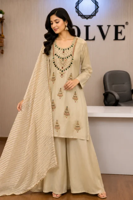 Off White Hand Embroidered Short Kurta with Palazzo & Dupatta