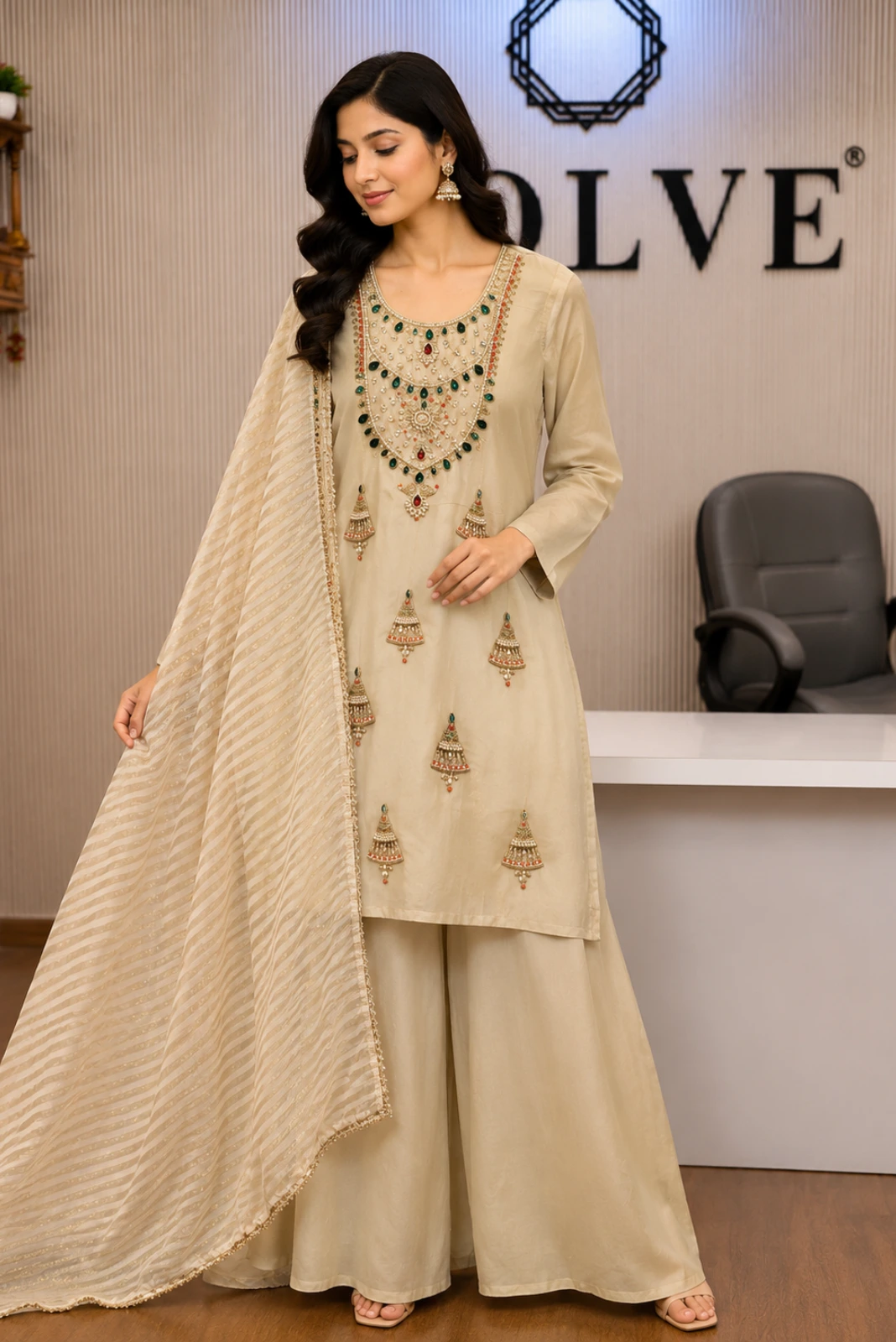 Off White Hand Embroidered Short Kurta with Palazzo & Dupatta1