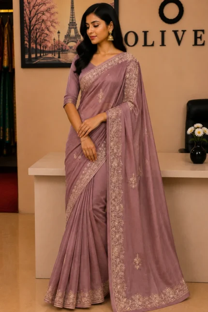 Onion Soft Organza Embroidered Saree