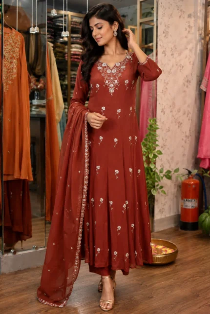 Orange Hand Embroidered A-Line Kurta with Pant & Dupatta