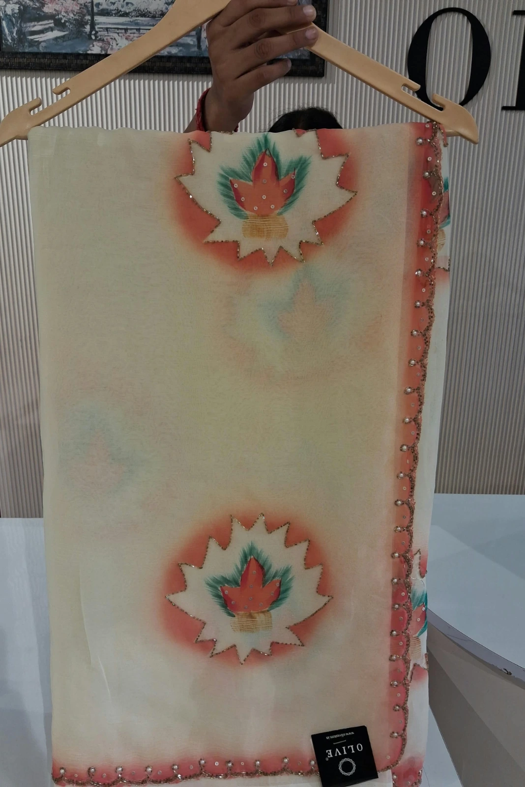 Orange & Off White Georgette Hand Embroidered Saree1