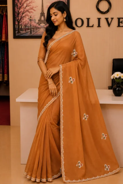 Orange Tissue Organza Embroidered Saree