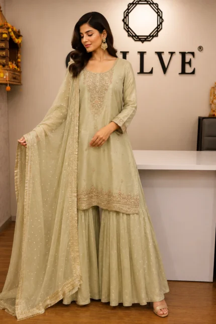 Pastel Sage Green Pearl Work Sharara Set with Dupatta