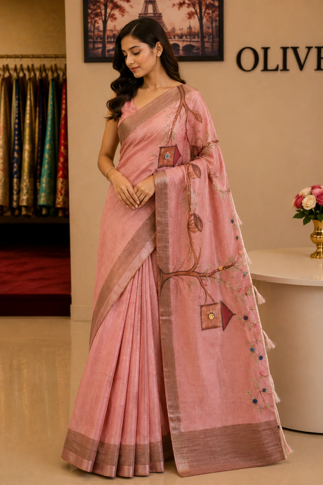 Peach Tissue Kantha Stitch Woven Saree1