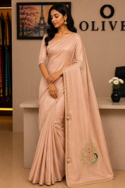 Peach Tissue Organza Embroidered Saree
