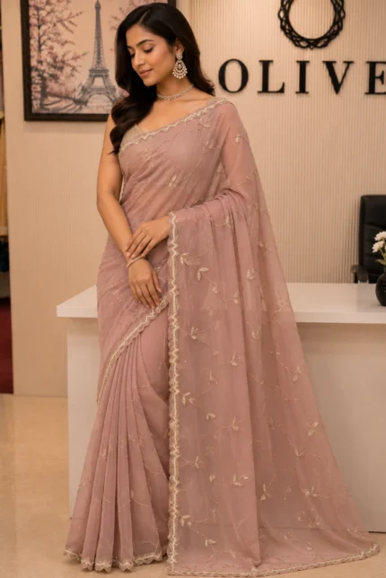 Pink 12 Net Embroidered Saree
