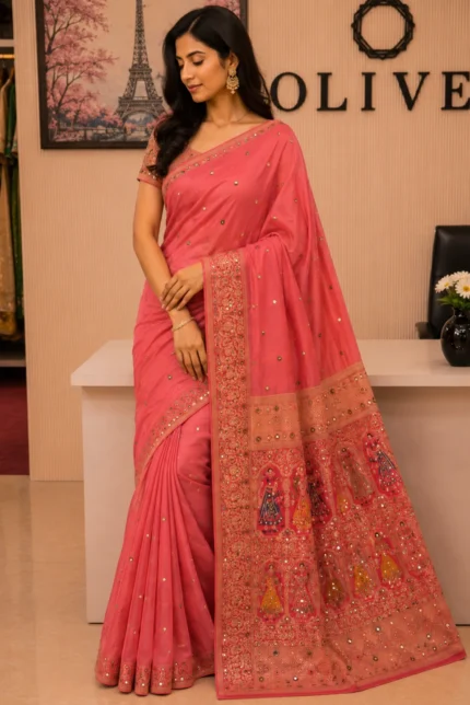 Pink Uppada Silk Woven Embroidered Saree