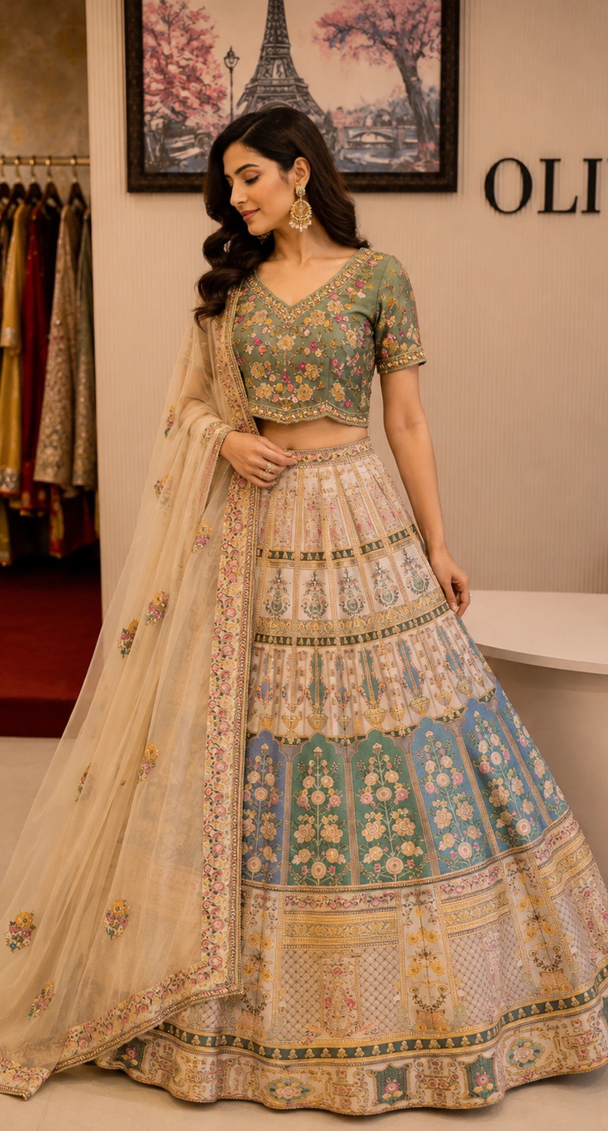 Premium Green Silk Lehenga with Organza Blouse & Dupatta2