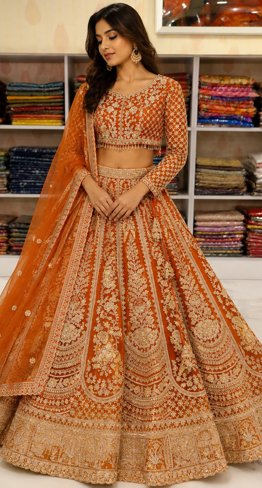 Premium Orange Wedding Wear Embroidered Lehenga with Dupatta2