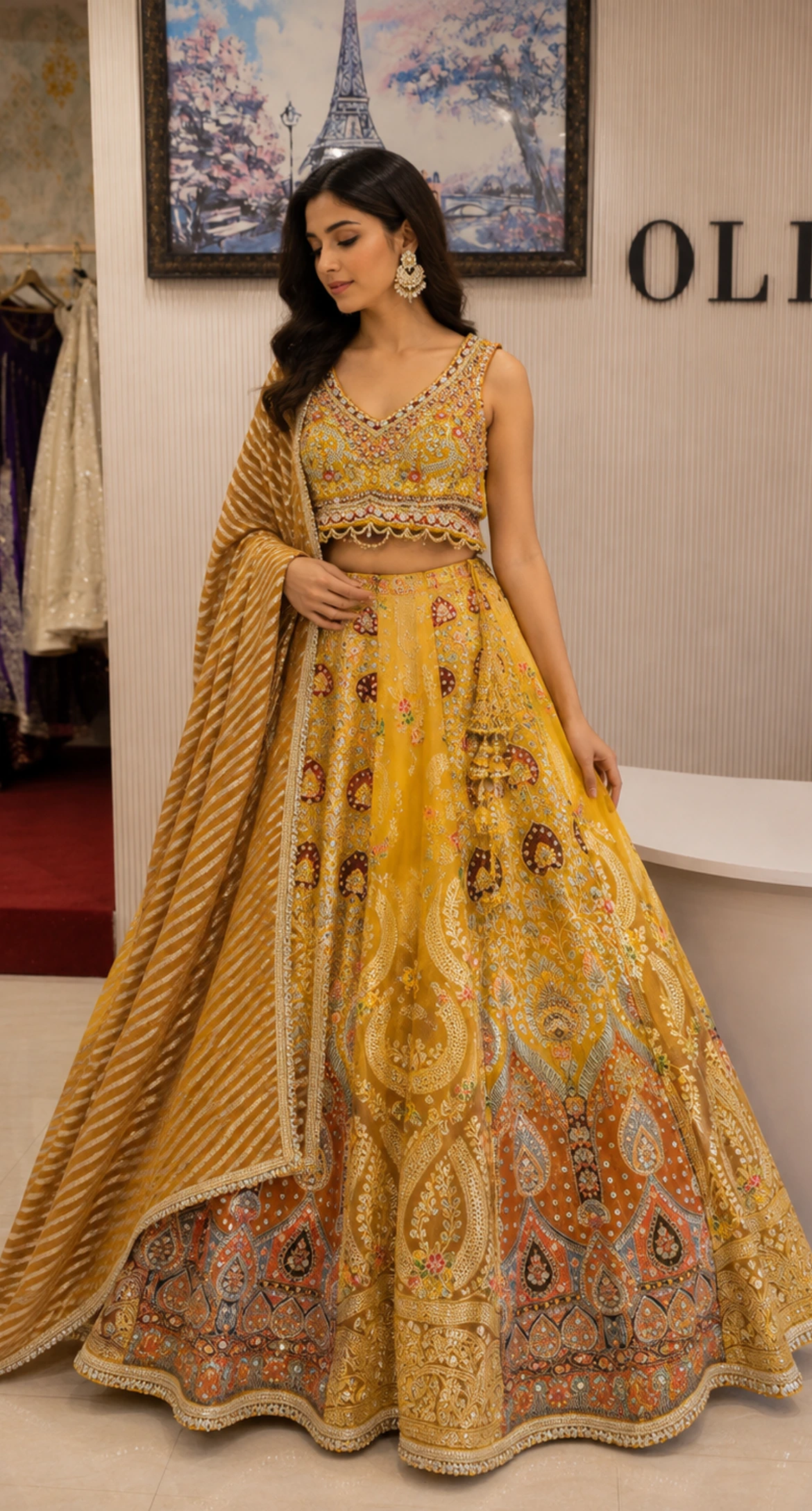 Premium Yellow Silk Lehenga with Intricate Border & Striped Dupatta1