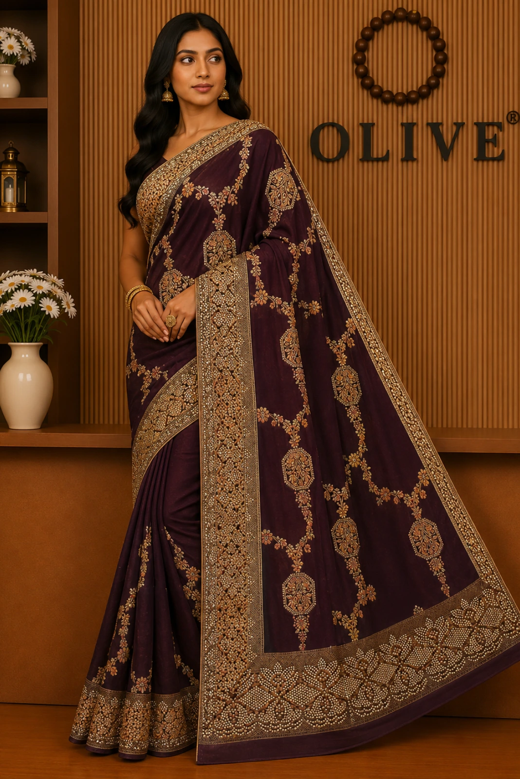 Purple Crepe Embroidered Saree1