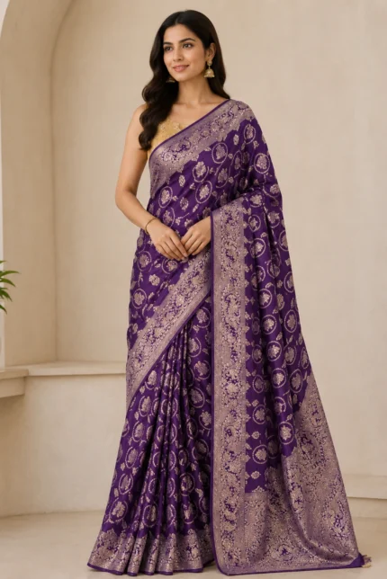 Purple Dola Silk Hand Embroidered Woven Saree