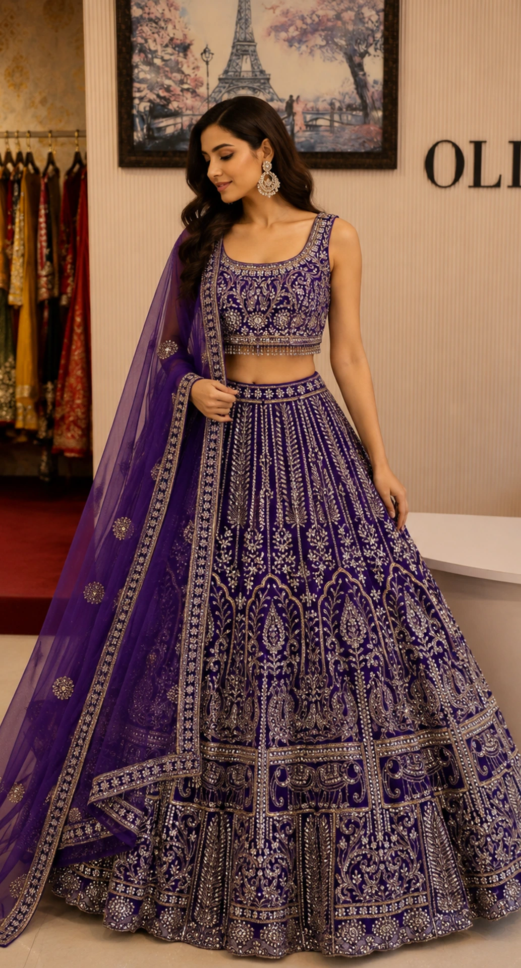 Purple Embroidered Net Lehenga Choli Set with Dupatta1