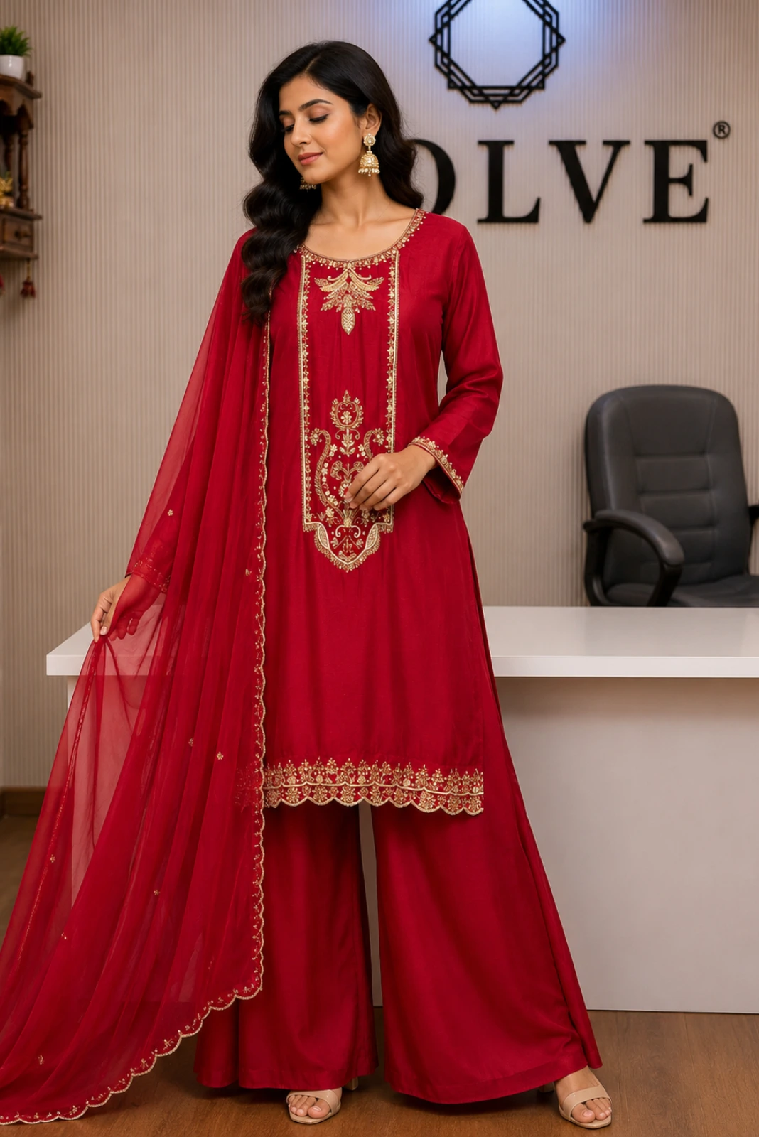 Red Dola Silk Hand Embroidered Kurta with Palazzo & Dupatta1