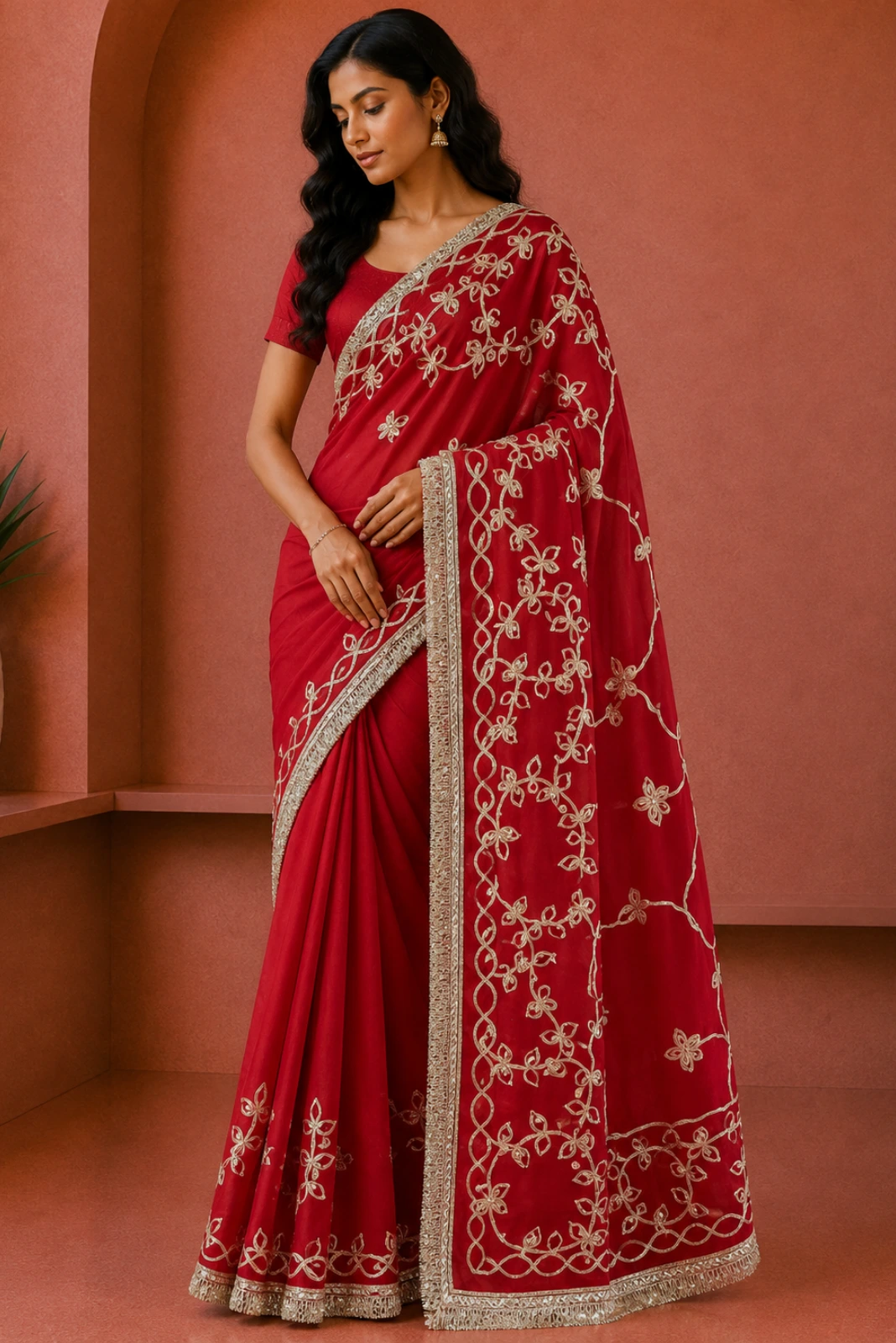 Red Georgette Gota Patti Embroidered Saree1