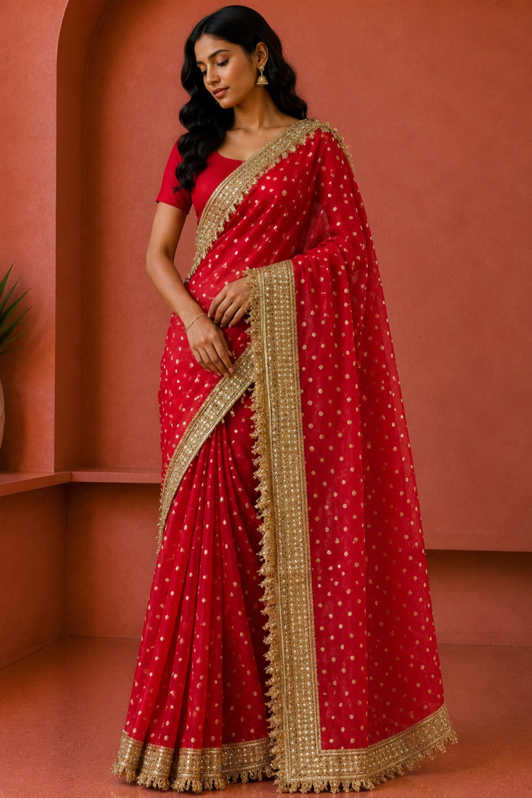 Red Soft Tissue Gota Patti Embroidered Saree1