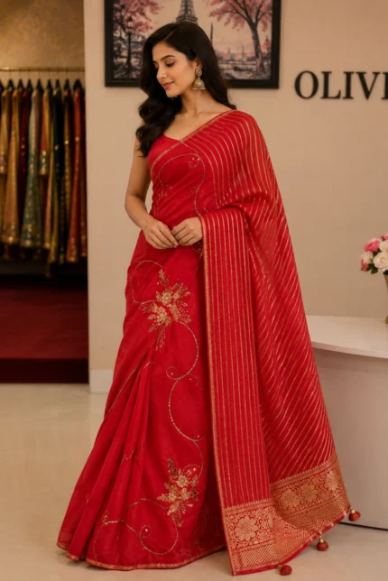 Red Uppada Silk Hand Embroidered Saree