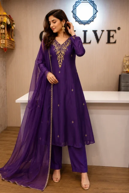 Royal Purple Embroidered Kurta Pant with Dupatta
