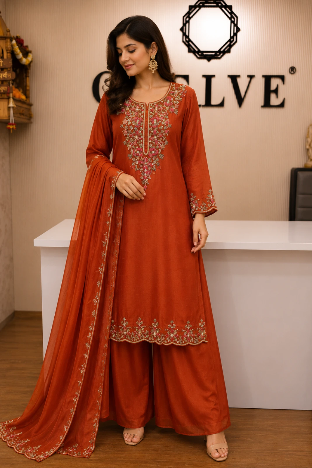 Rust Orange Elegant Embroidered Kurta with Palazzo & Dupatta1