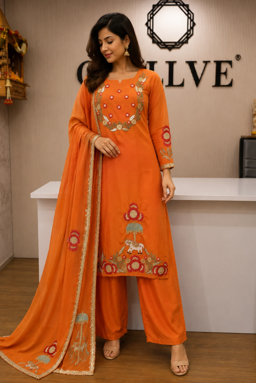 Rust Orange Floral Embroidered Kurta Palazzo Set with Dupatta1