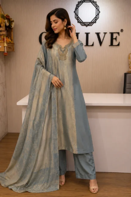 Sage Blue Jacquard Kurta Pant Set with Dupatta