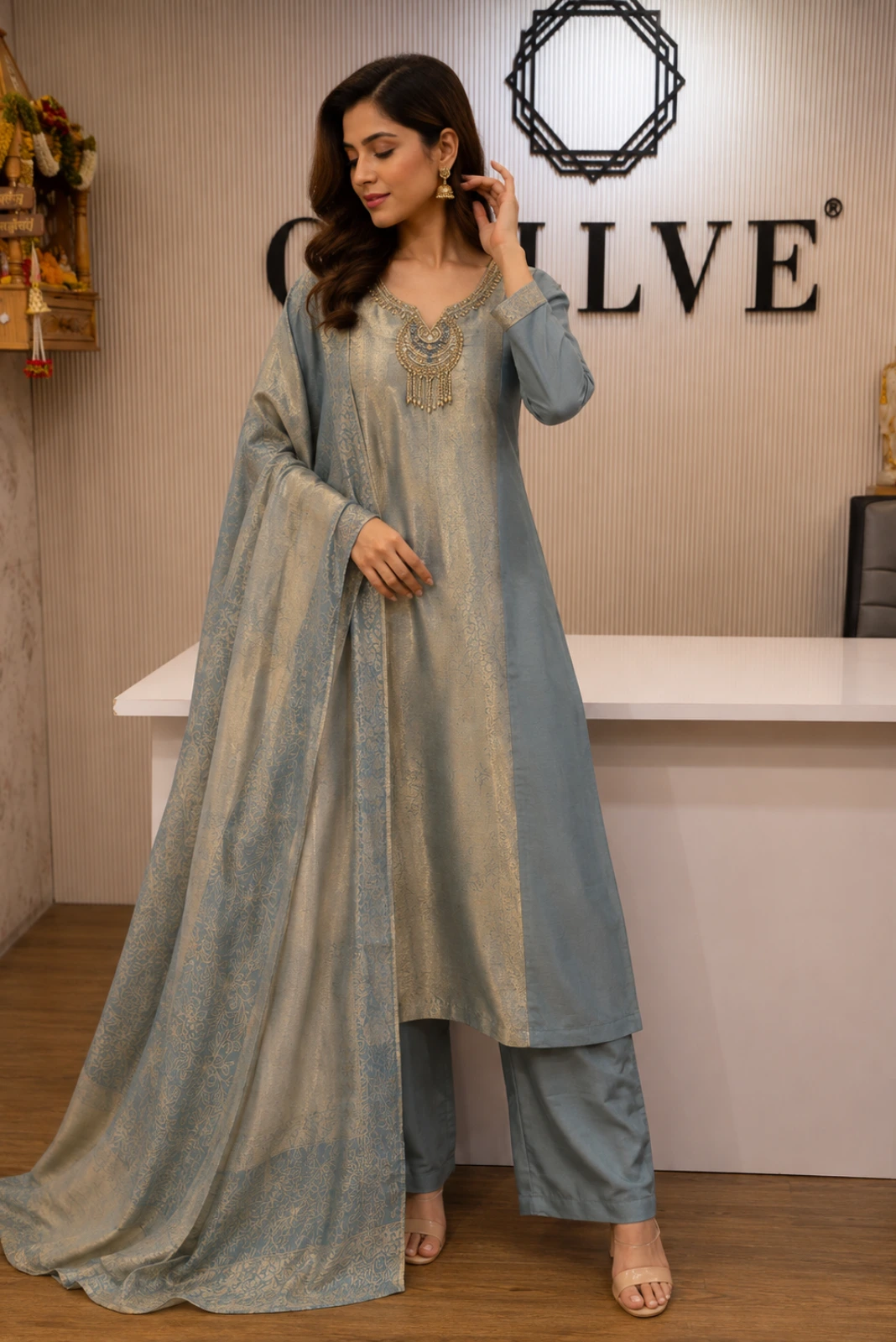 Sage Blue Jacquard Kurta Pant Set with Dupatta1