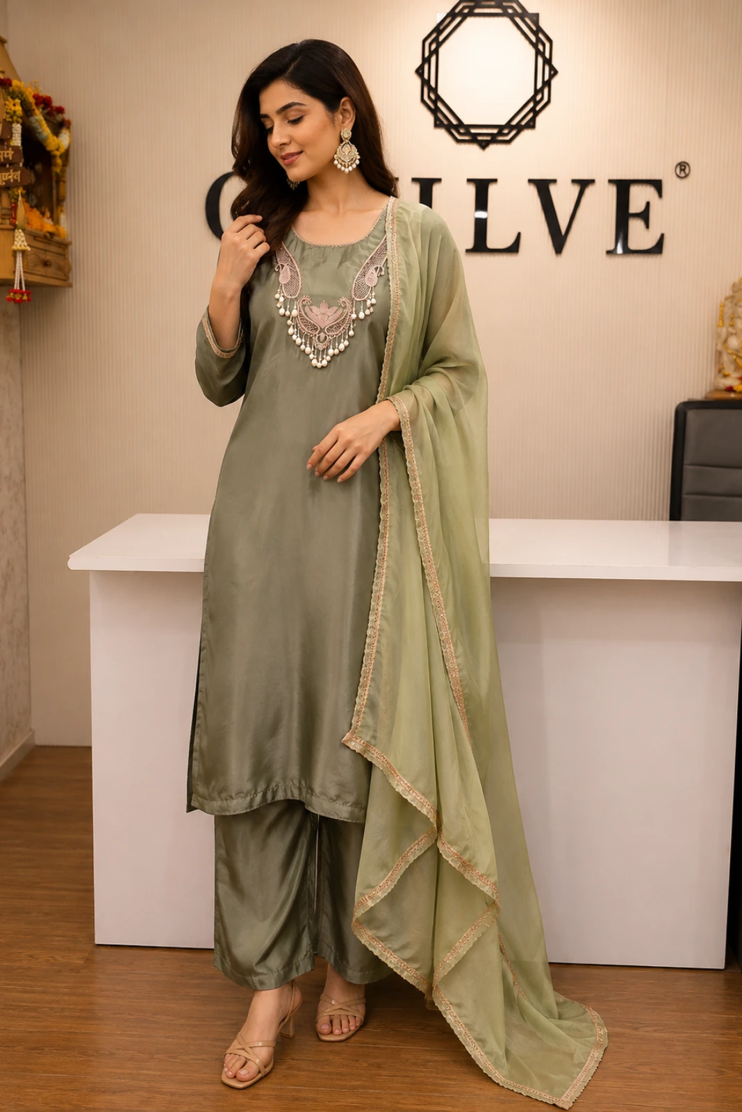 Sage Green Pearl Work Kurta Palazzo Set with Dupatta2