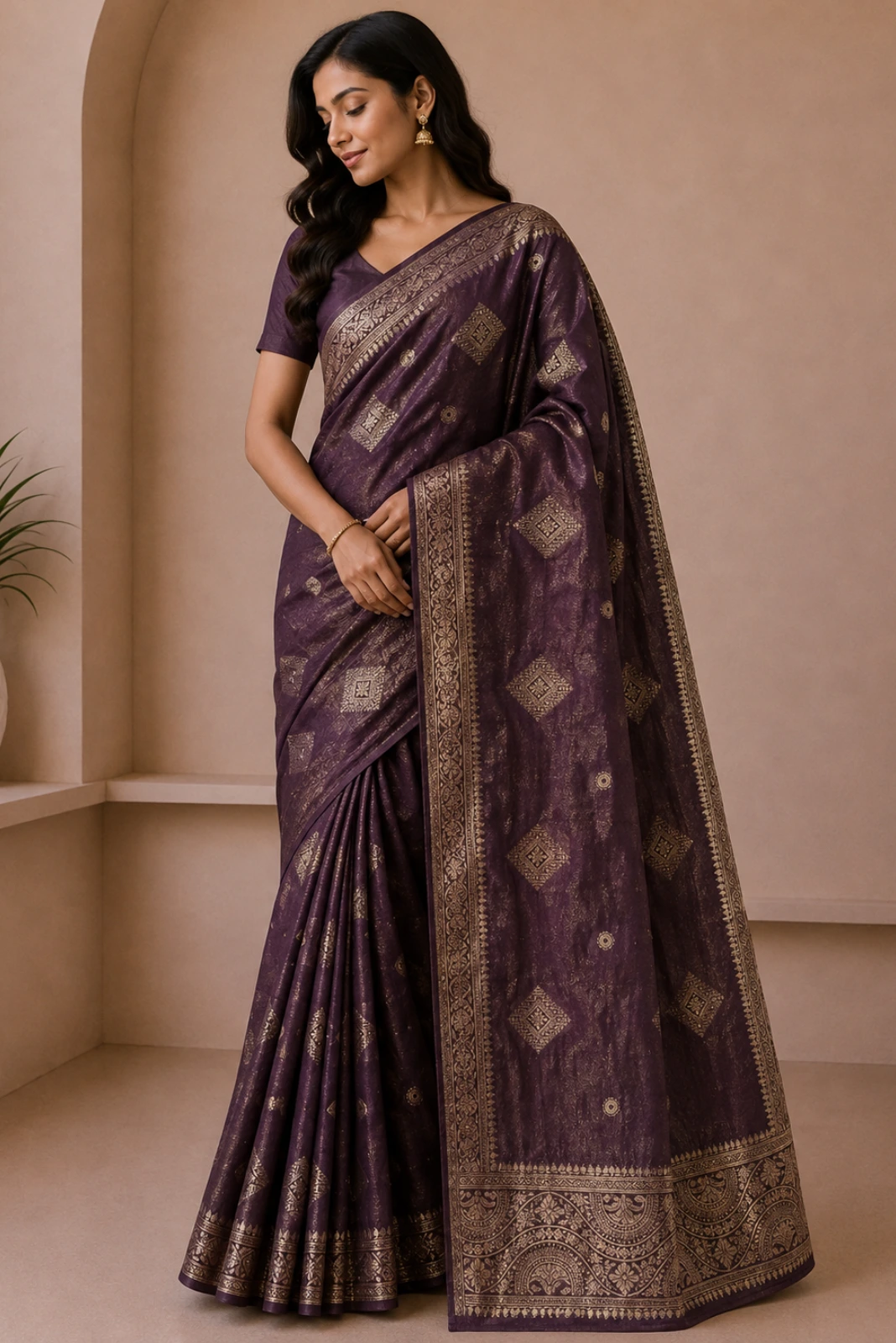 Wine Crush Tissue Woven Saree1