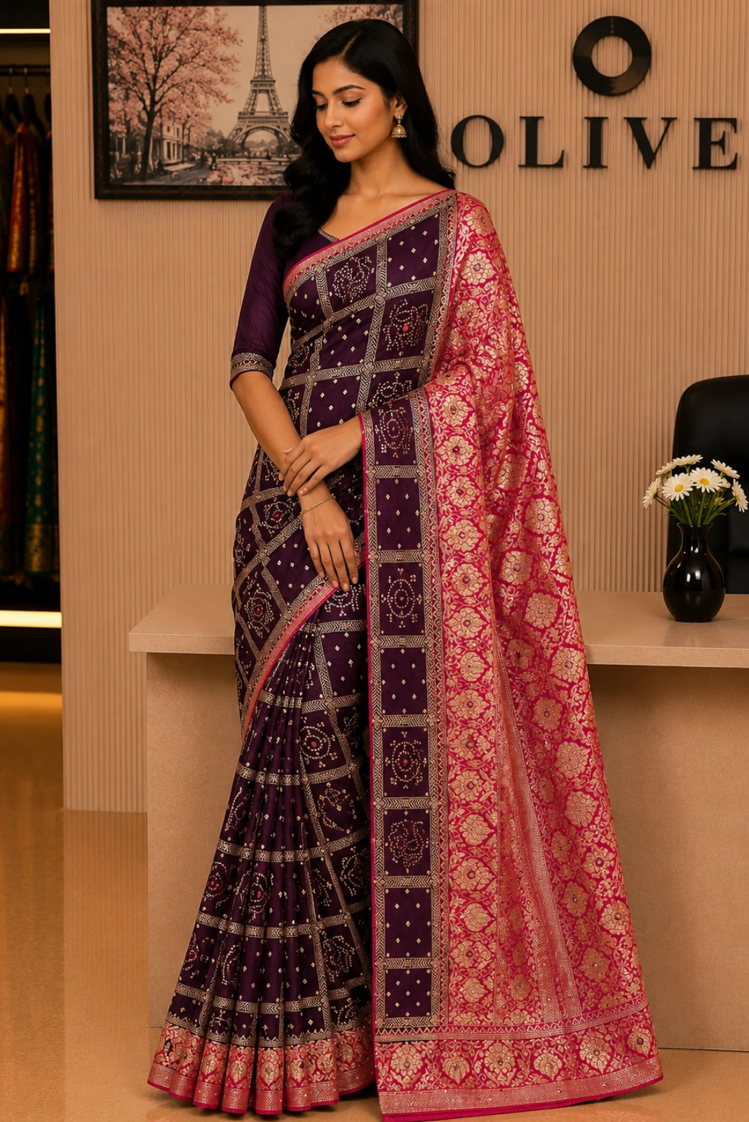 Wine Dola Silk Woven Hand Embroidered Saree1