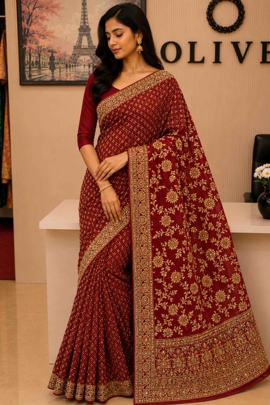 Wine Georgette Embroidered Woven Saree1