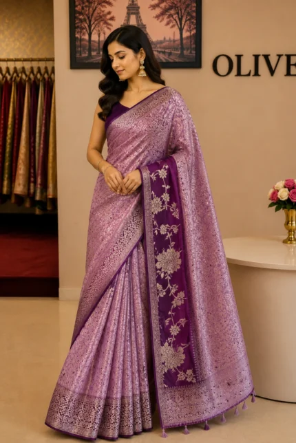 Wine & Lavender Dola Silk Hand Embroidered Woven Saree