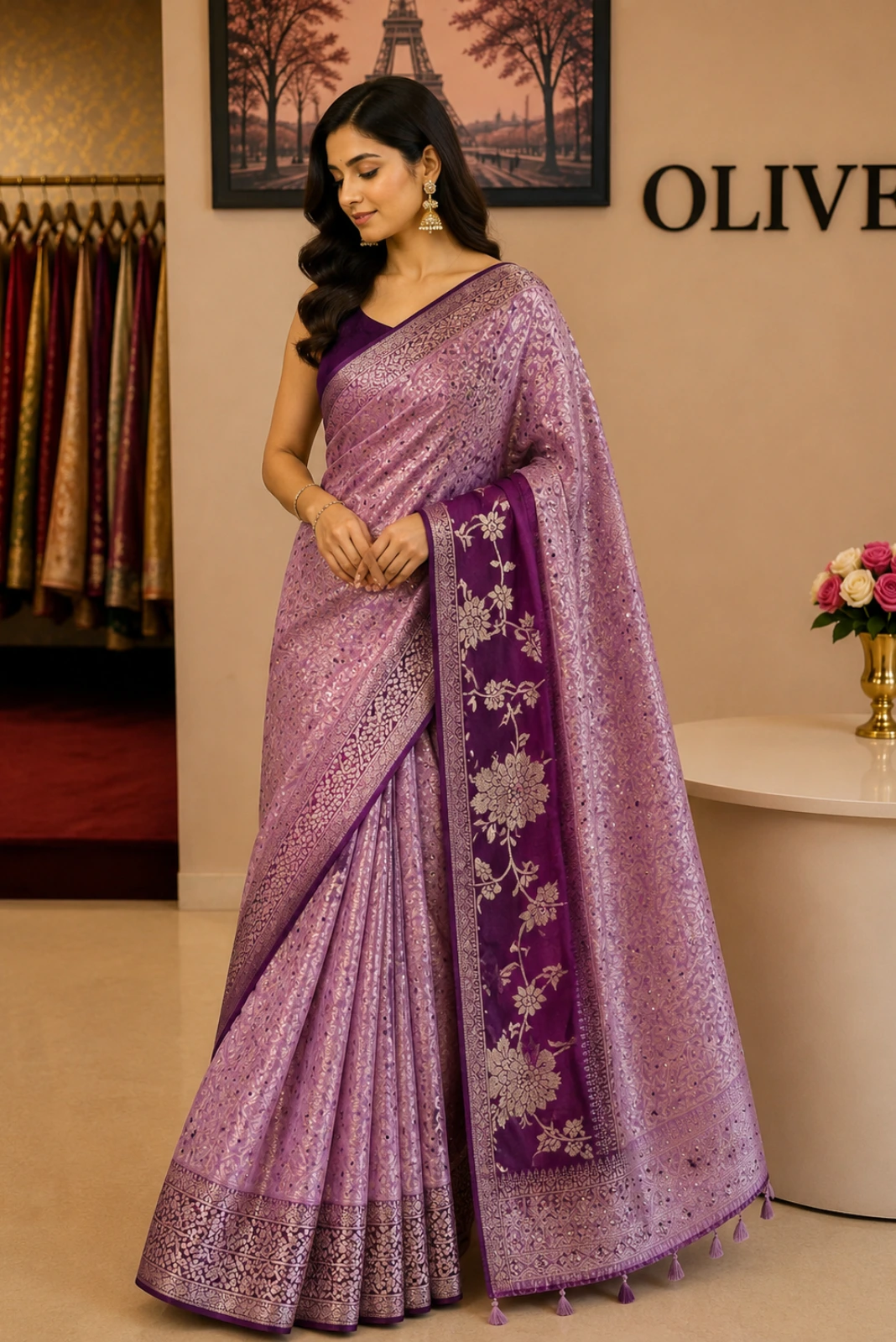 Wine & Lavender Dola Silk Hand Embroidered Woven Saree1