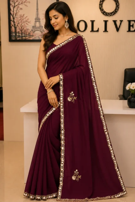 Wine Soft Organza Embroidered Saree