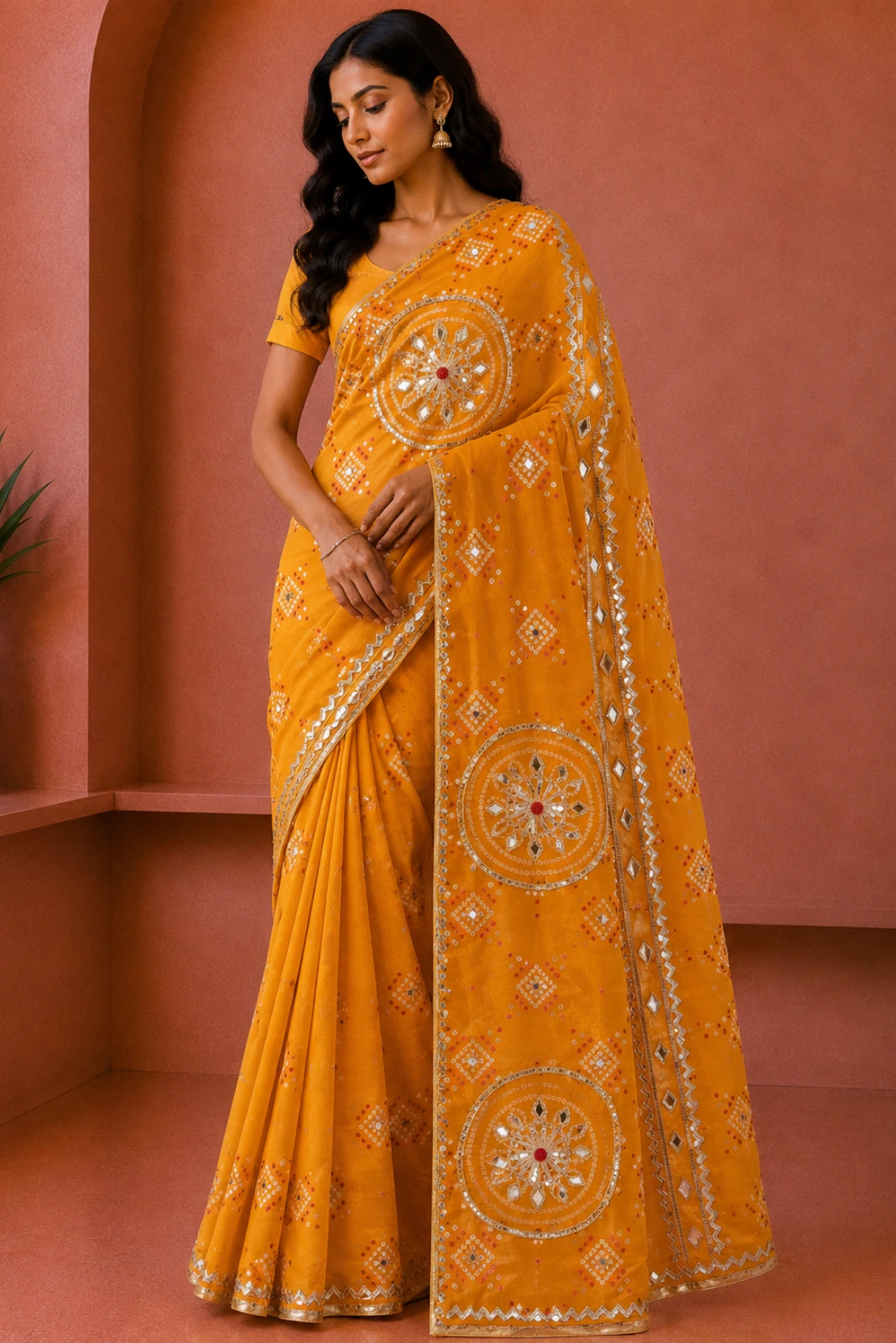 Yellow Georgette Gota Patti Embroidered Saree1