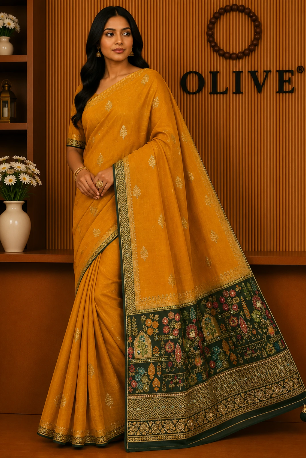 Yellow & Green Silk Embroidered Saree1