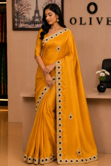 Yellow Soft Organza Embroidered Saree