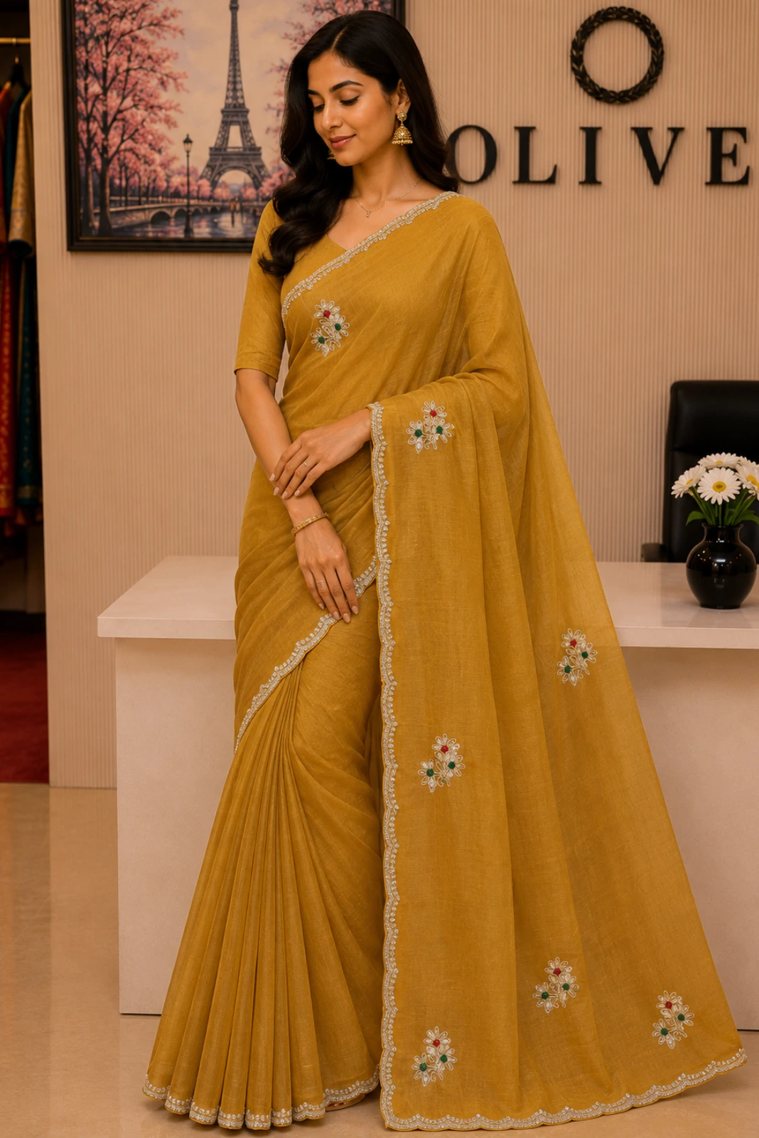 Yellow Tissue Organza Embroidered Saree1
