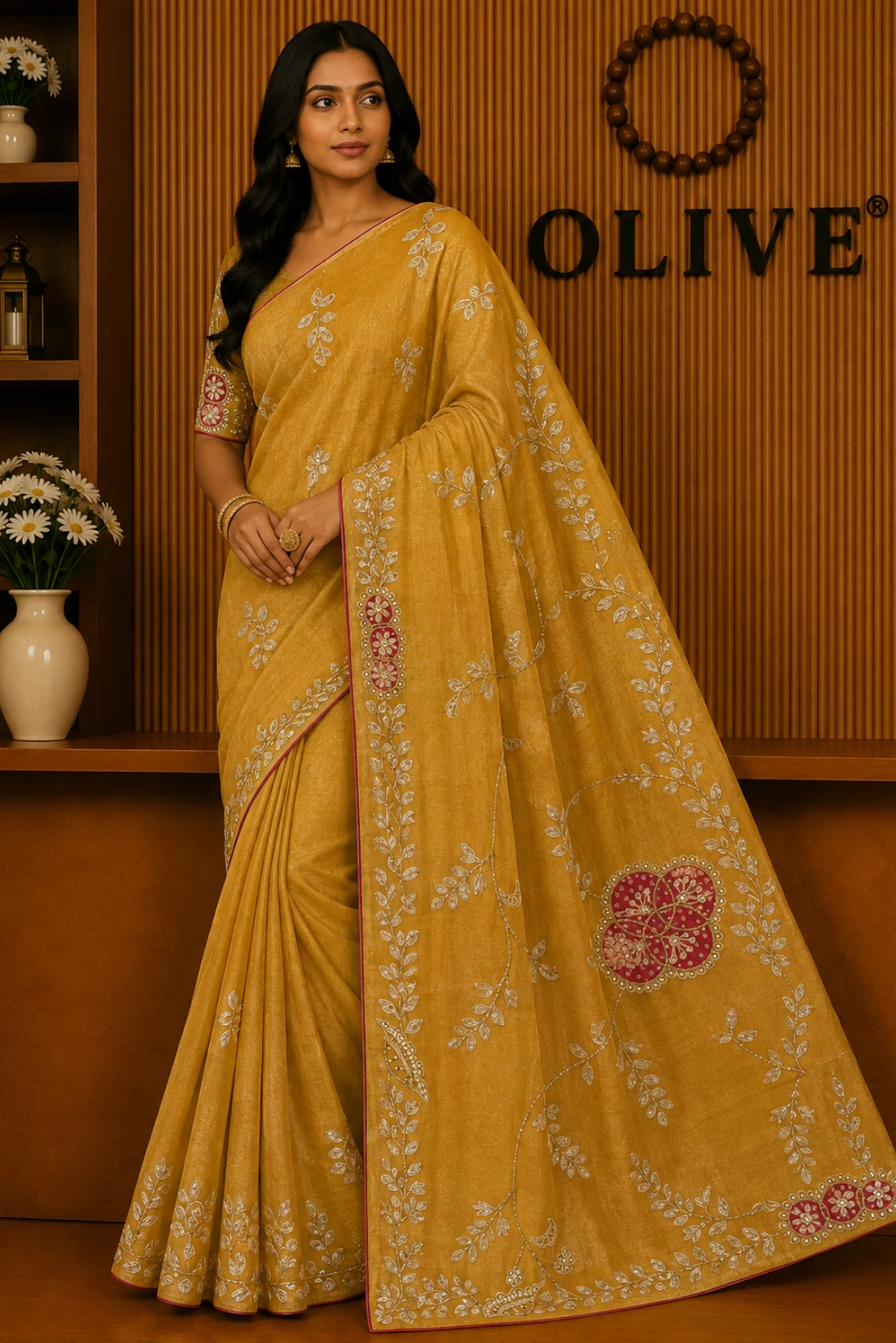 Yellow Tissue Organza Embroidered Saree1
