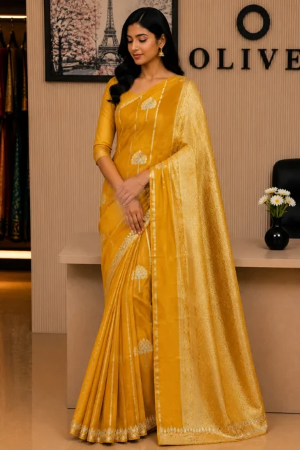 Yellow Tissue Silk Organza Embroidered Saree