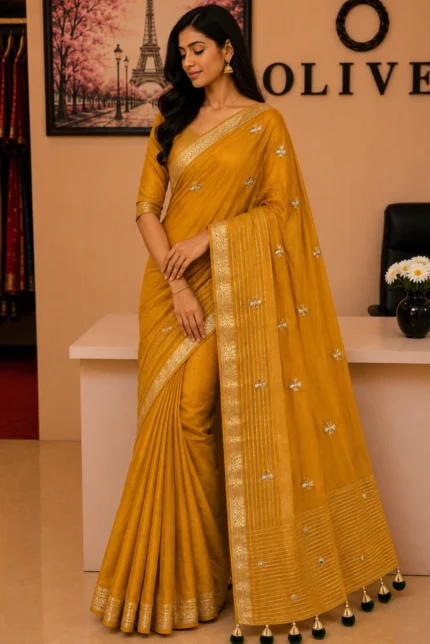Yellow Uppada Silk Embroidered Woven Saree