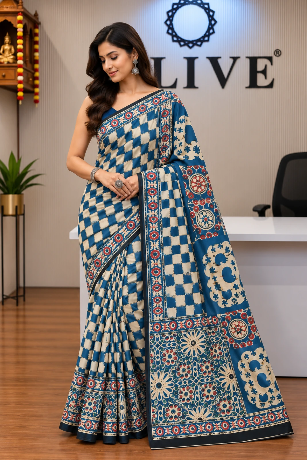 Blue Modal Silk Ajrakh Print Embroidered Saree3