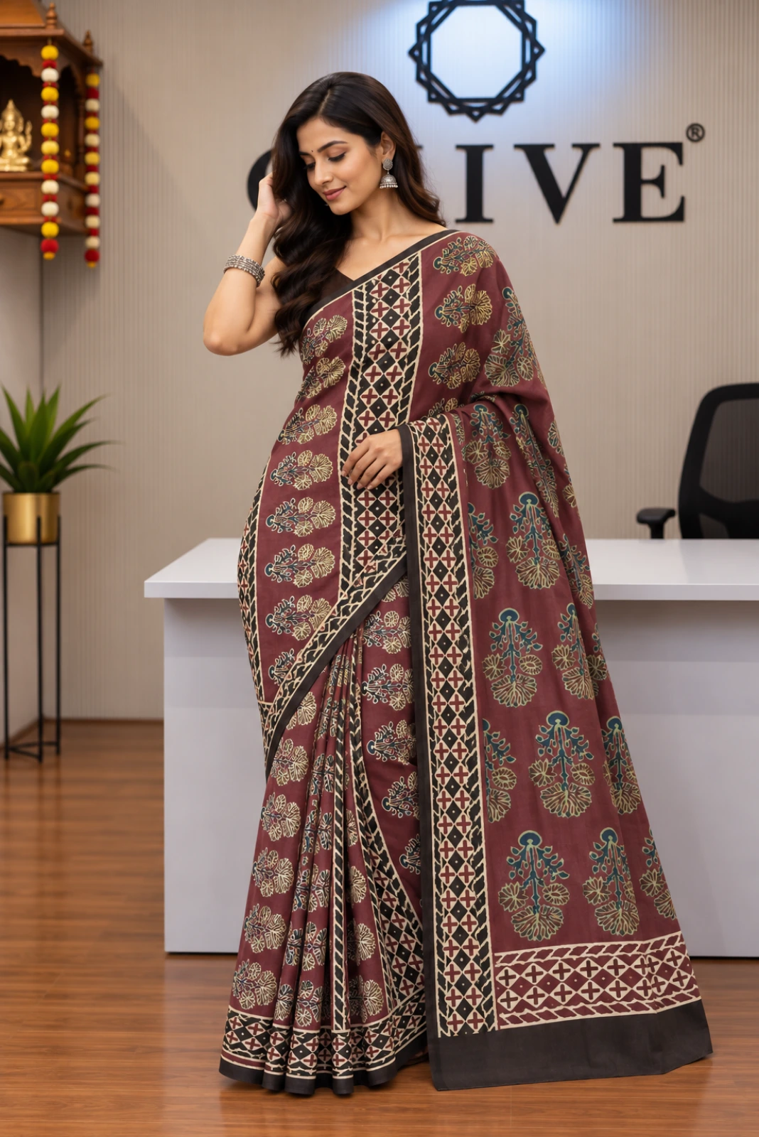 Chocolate Modal Silk Ajrakh Print Embroidered Saree3