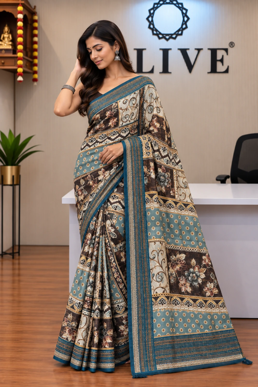 Light Blue Modal Multicolour Print Embroidered Saree1