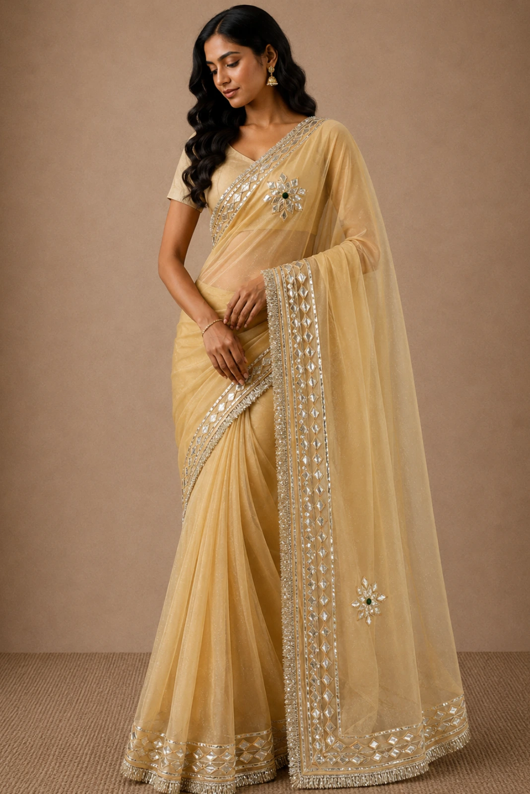 Light Yellow Tissue Organza Gota Patti Embroidered Saree1