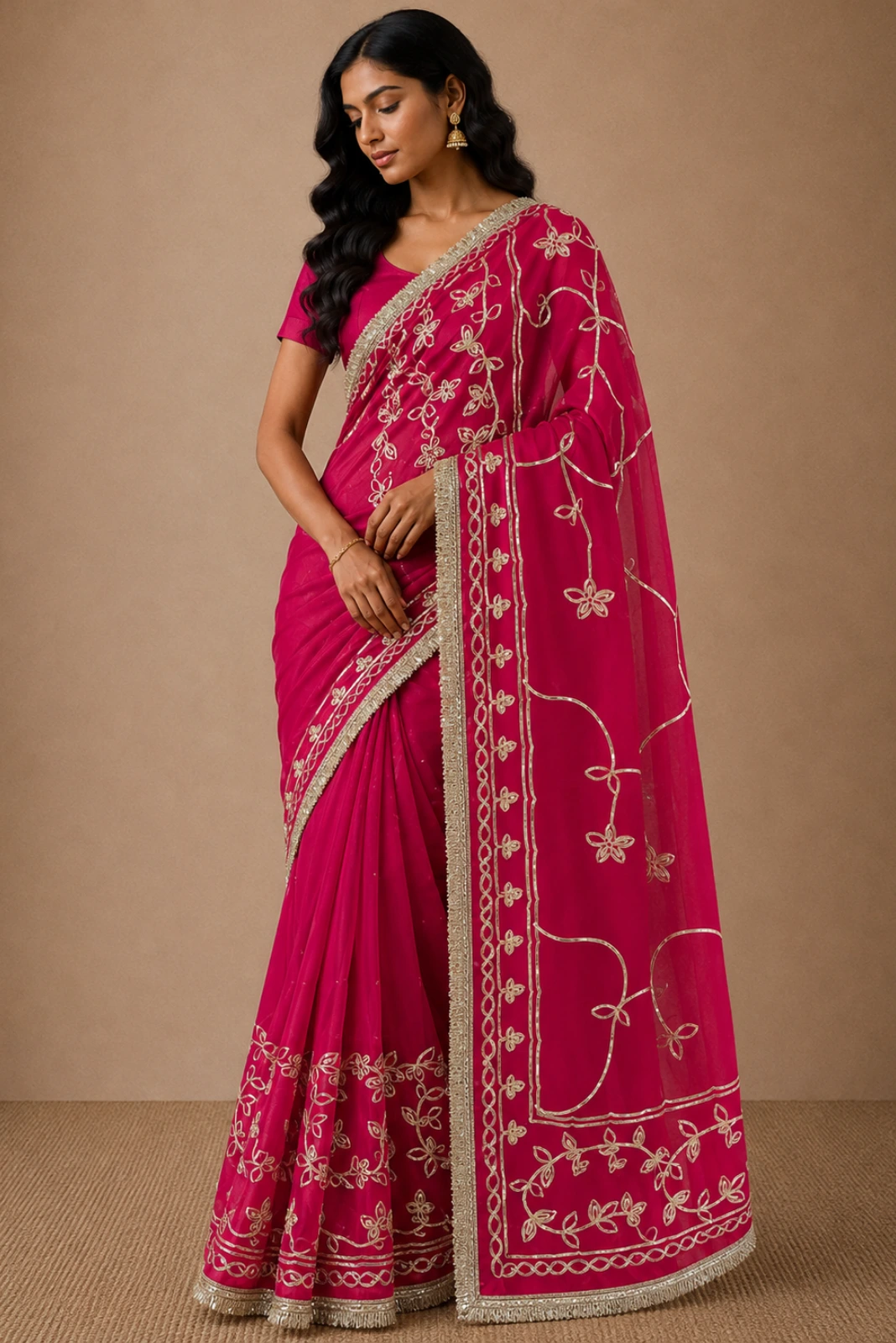 Magenta Georgette Gota Patti Embroidered Saree1
