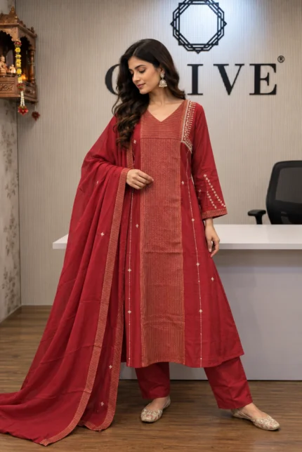 Maroon Hand Worked A-Line Kurti Pant Set with Dupatta