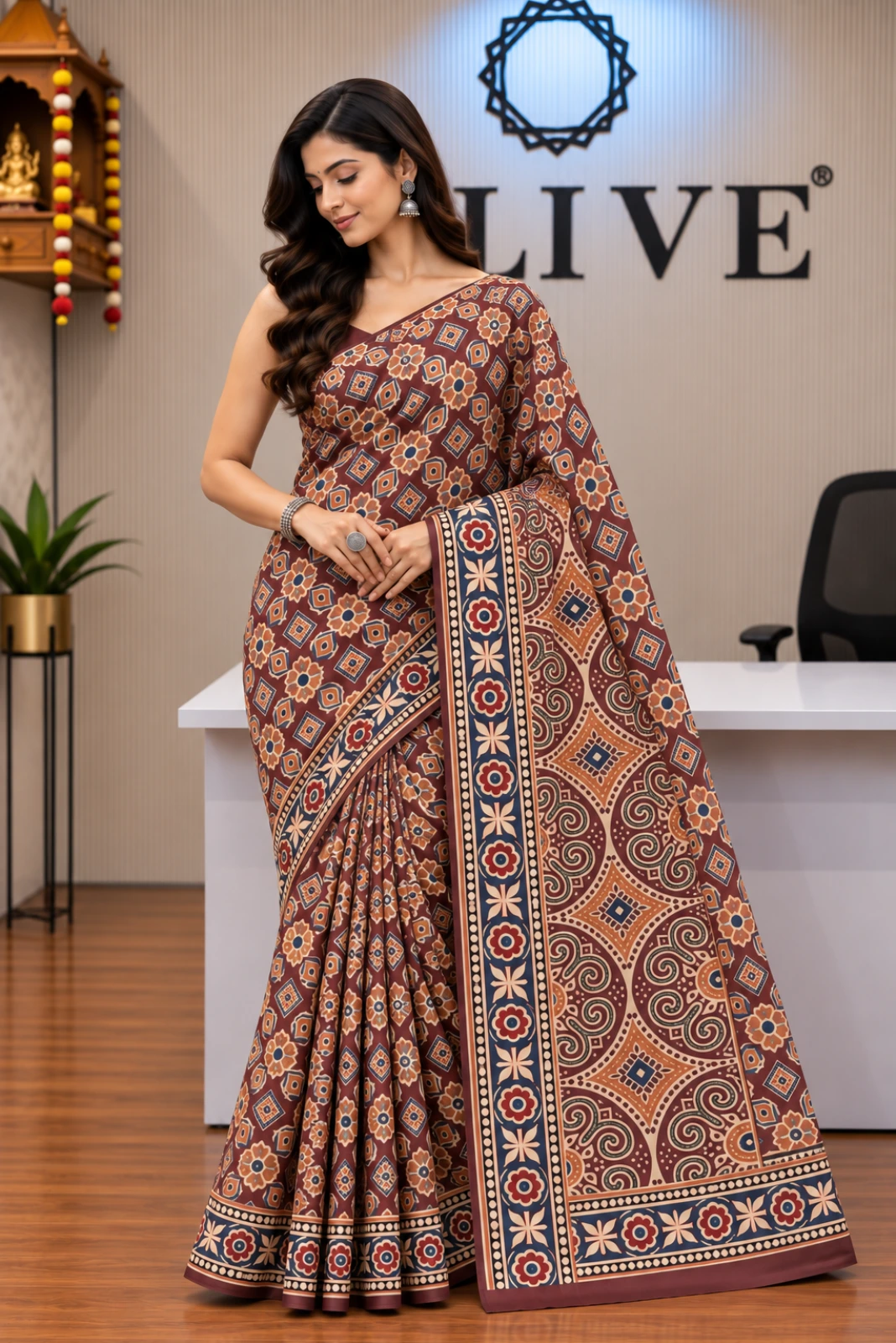 Multicolour Modal Silk Ajrakh Print Embroidered Saree1
