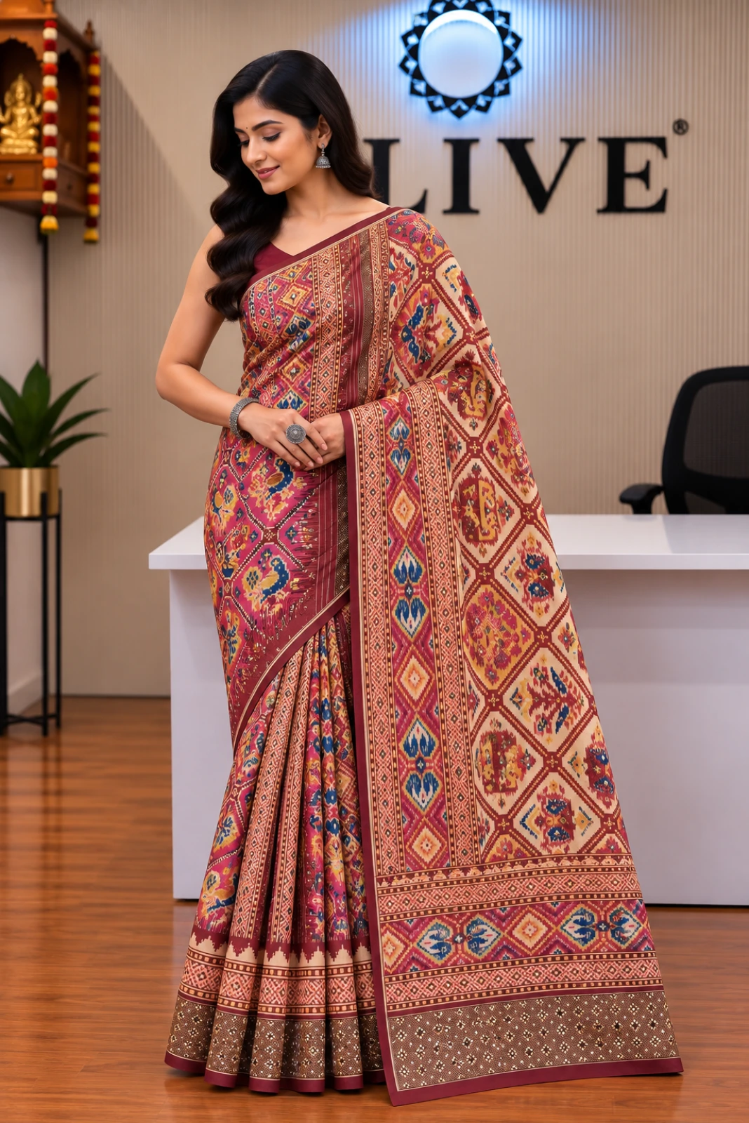 Multicolour Modal Silk Patola Print Hand-Embroidered Saree1