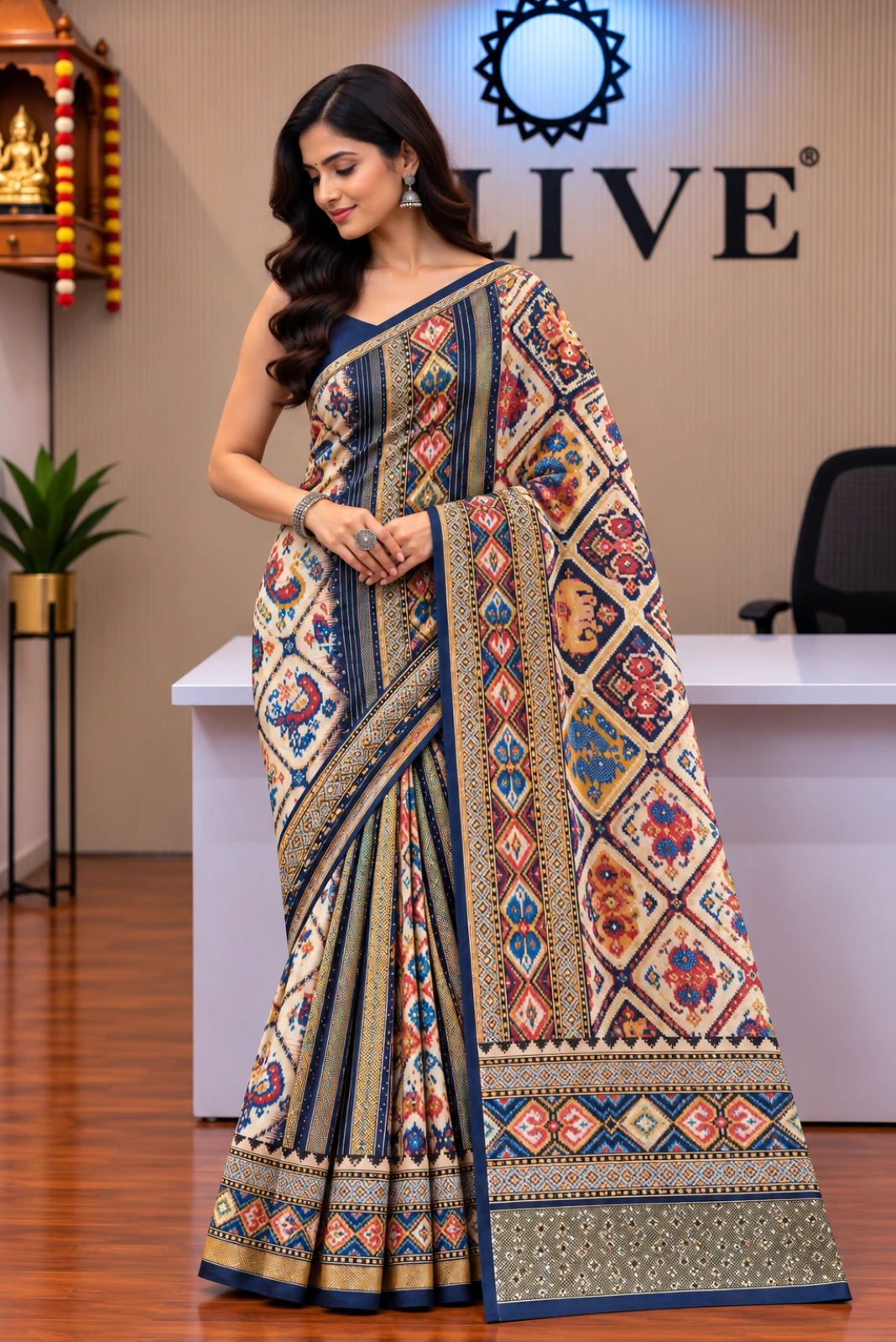 Multicolour Modal Silk Patola Print Hand-Embroidered Saree3