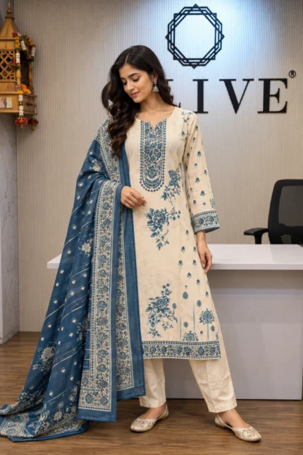 Off White Kaatha Stitched Straight Kurti Pant Set with Dupatta